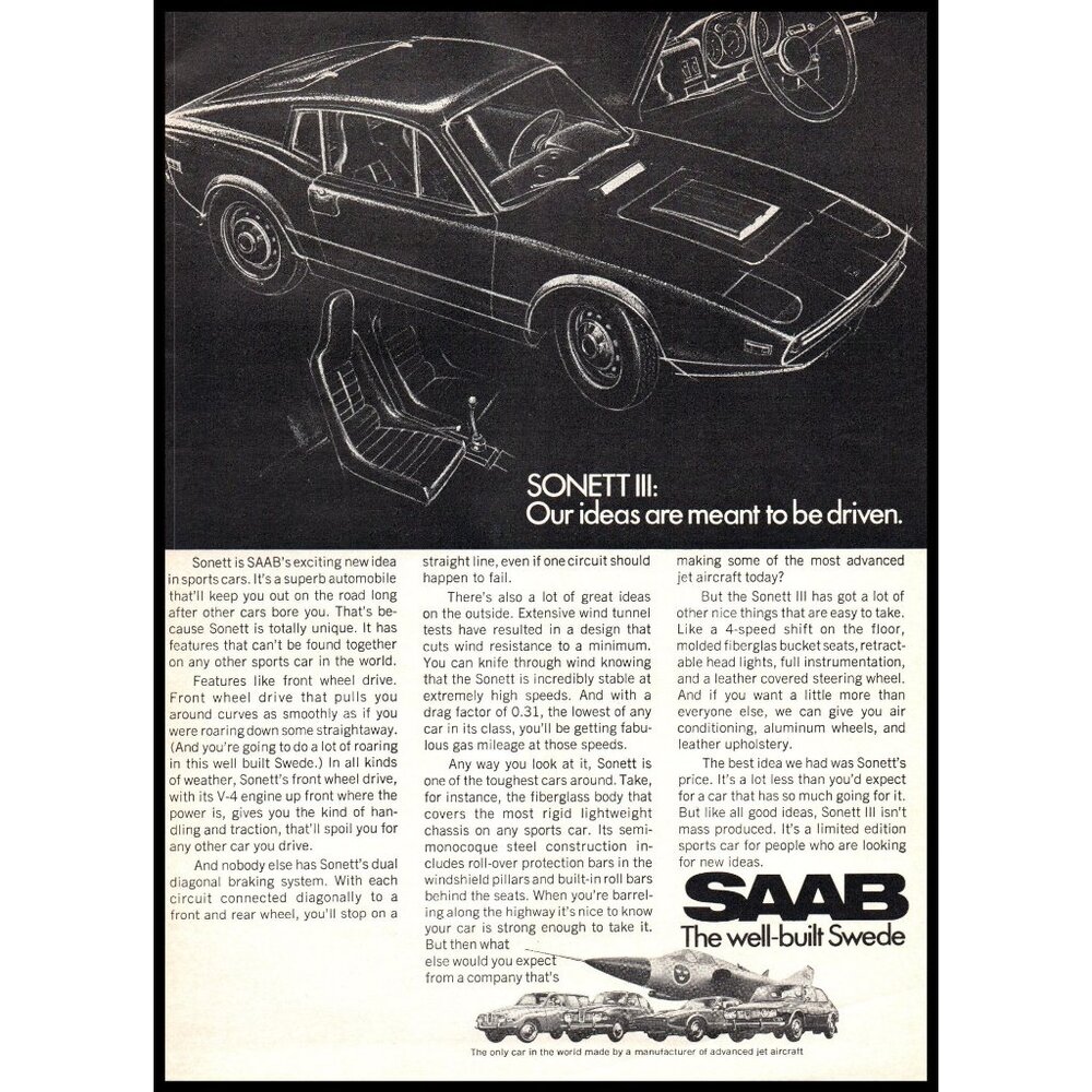 1970 Saab Sonnett III Sports Car Coupe Vintage Print Ad Fastback Wall Art Photo